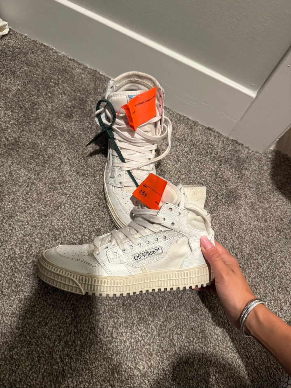Off-White Women's Off-White/Cream High-Top Sneakers with Orange Tags